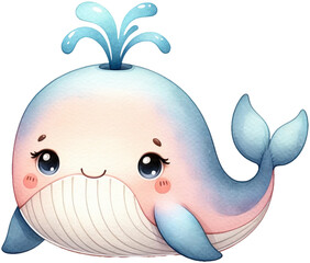 An adorable watercolor whale clipart perfectly isolated, with soft natural watercolor texture