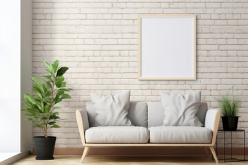 A wooden frame with a picture or photo on white wall in a colorful cozy modern interior. Copy space mockup template. Generative AI.