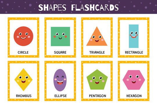 Shapes flashcards collection for kids. Flash cards set with cute geometric characters for practicing reading skills. Circle, square, triangle and more. Vector illustration