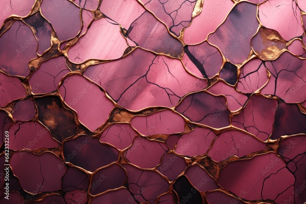 Poster a close up view of a pink and gold mosaic tile with a gold leaf design on the bottom of the tile and