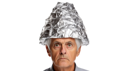 Senior man in tin foil hat, cut out