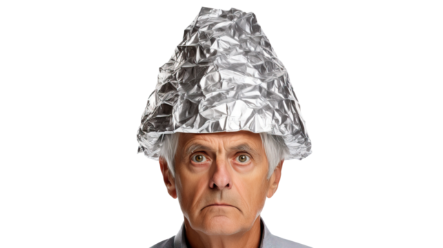 Senior man in tin foil hat, cut out