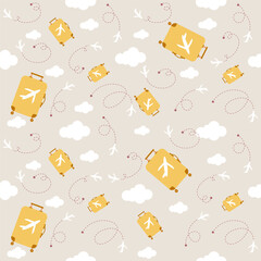 Vector seamless background with plane, suitcase, cloud, route, point of destination. Pastel color travel pattern