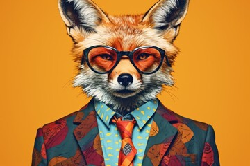  a close up of a person wearing a suit and tie with a fox's head wearing glasses and a tie with a fox on it's lapel.