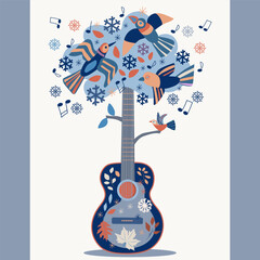 Winter illustration with a country guitar with a tree crown, birds, snowflakes, notes.  Folk. For postcards, concert invitations, banners, posters - obrazy, fototapety, plakaty