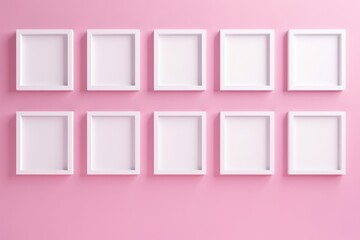 Ten wooden frames with a pictures or photos on pink wall in modern minimalistic home interior. Copy space white mockup template. Generative AI.