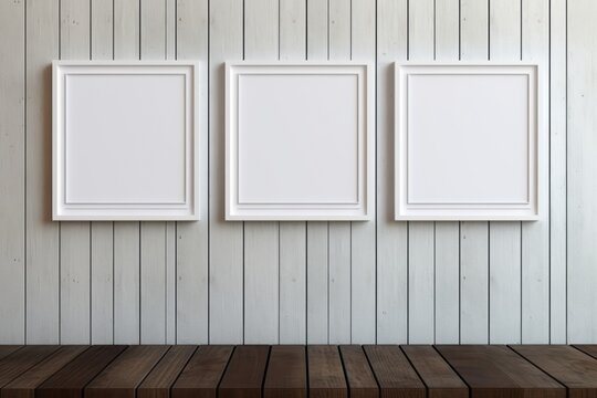 Three wooden frames with a pictures or photos on white wooden wall in modern minimalistic home interior. Copy space mockup template. Generative AI.