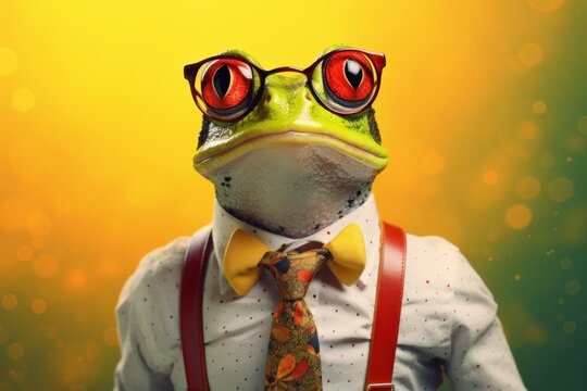  a frog wearing glasses and a tie with suspenders and a polka dot shirt and suspenders with suspenders and a polka dot shirt with suspenders and a yellow background.