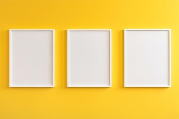 Three wooden frames with a pictures or photos on yellow wall in modern minimalistic home interior. Copy space white mockup template. Generative AI. - obrazy, fototapety, plakaty