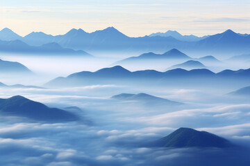 Fototapeta na wymiar The scenic landscape view of many blue mountain ranges with fog of the morning and sunrise time along the sky horizon, calm and serene view. Generative AI.