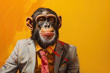  a monkey dressed in a suit and tie with paint splattered all over it's face and a suit jacket and tie on it's lapel.