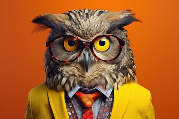  an owl wearing glasses and a yellow suit with a red tie and a yellow blazer with a red tie and a red and orange background with a red background.