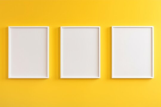 Three wooden frames with a pictures or photos on yellow wall in modern minimalistic home interior. Copy space white mockup template. Generative AI.