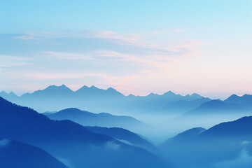 Obraz premium The scenic landscape view of many blue mountain ranges with fog of the morning and sunrise time along the sky horizon, calm and serene view. Generative AI.