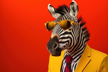  a close up of a zebra wearing a suit and sunglasses with a red wall in the background and a zebra wearing a suit and sunglasses with a red wall in the foreground.