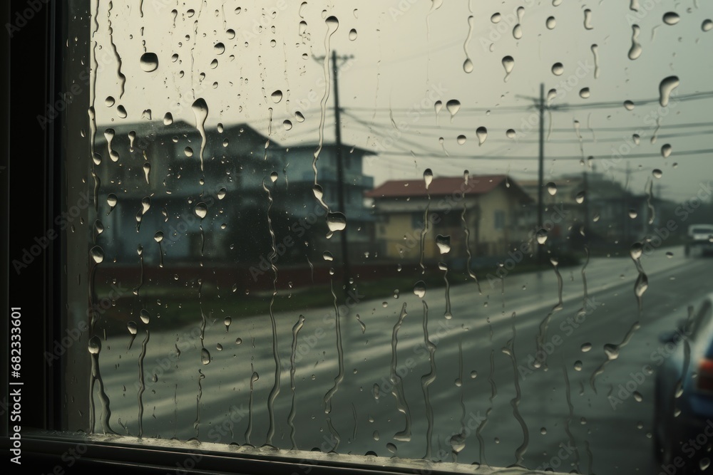 Poster a view of a street from a window with raindrops on the window and a car parked on the side of the ro