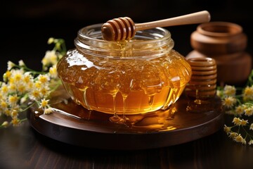  a honey jar filled with honey sitting on top of a wooden table next to a honey dipper and a honey dipper with a honey dipper in it.