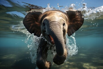  a close up of an elephant swimming in a body of water with it's trunk in the air and it's trunk above the water's surface.