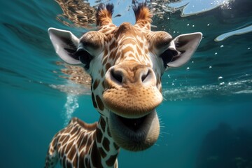 a close up of a giraffe's face in the water with its mouth open and it's tongue hanging out to the side of the camera. - obrazy, fototapety, plakaty