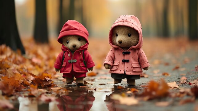   couple of teddy bears that are walking through the fall,Teddy Day, Propose day, Valentines day
