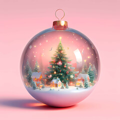 Christmas Village in a Glass Ornamental Bauble on a Baby Pink Background