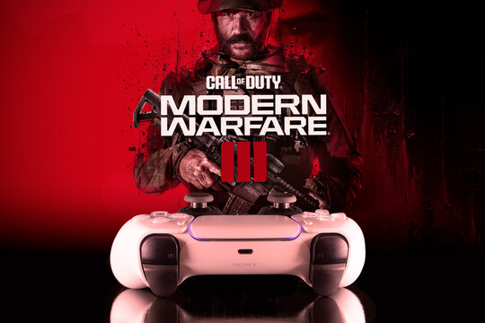 Call of Duty Modern Warfare 3 logo with Playstation controller, 22 Nov, 2023, Sao Paulo, Brazil.