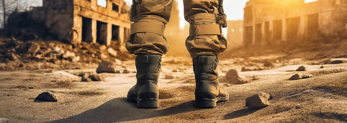 Uniforms and Boots in a Ruined City - obrazy, fototapety, plakaty
