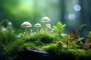  a group of white mushrooms sitting on top of a lush green forest covered in lichen and mossy ground covered in lots of tiny white mushrooms and green leaves. - obrazy, fototapety, plakaty