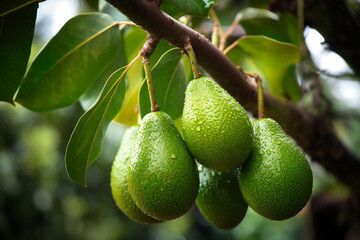 A cluster of Creamy Avocados nestled among the leaves, their smooth, green skin ready to be harvested.
