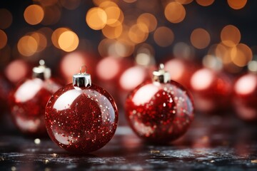  a group of red christmas ornaments sitting on top of a wooden table next to a blurry boke of lights in the backgroup of the background.