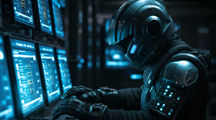 a person wearing futuristic protective clothing and a helmet sits in front of monitors and enters something on a keyboard