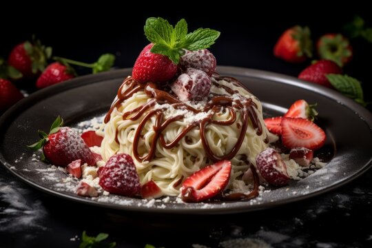 A delicious serving of Spaghettieis, a unique German ice cream dessert designed to look like a plate of spaghetti, complete with strawberry sauce and white chocolate shavings as parmesan
