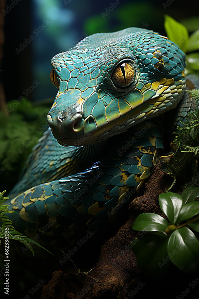 Poster a vibrant green tree python coiled around a tree limb, its emerald scales providing excellent camouf
