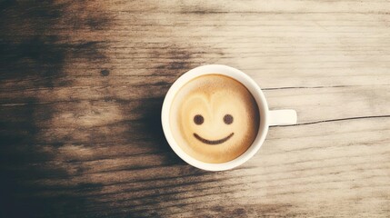 Smiling coffee cup on wooden