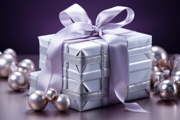  a white gift box with a pink ribbon and a bow on top of it surrounded by silver balls and a ribbon on the top of the box is tied with a bow.