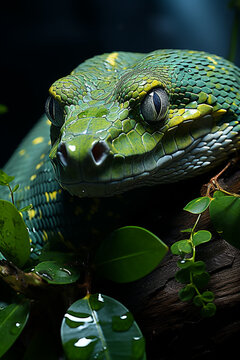 A vibrant Green Tree Python coiled around a tree limb, its emerald scales providing excellent camouflage among the foliage.