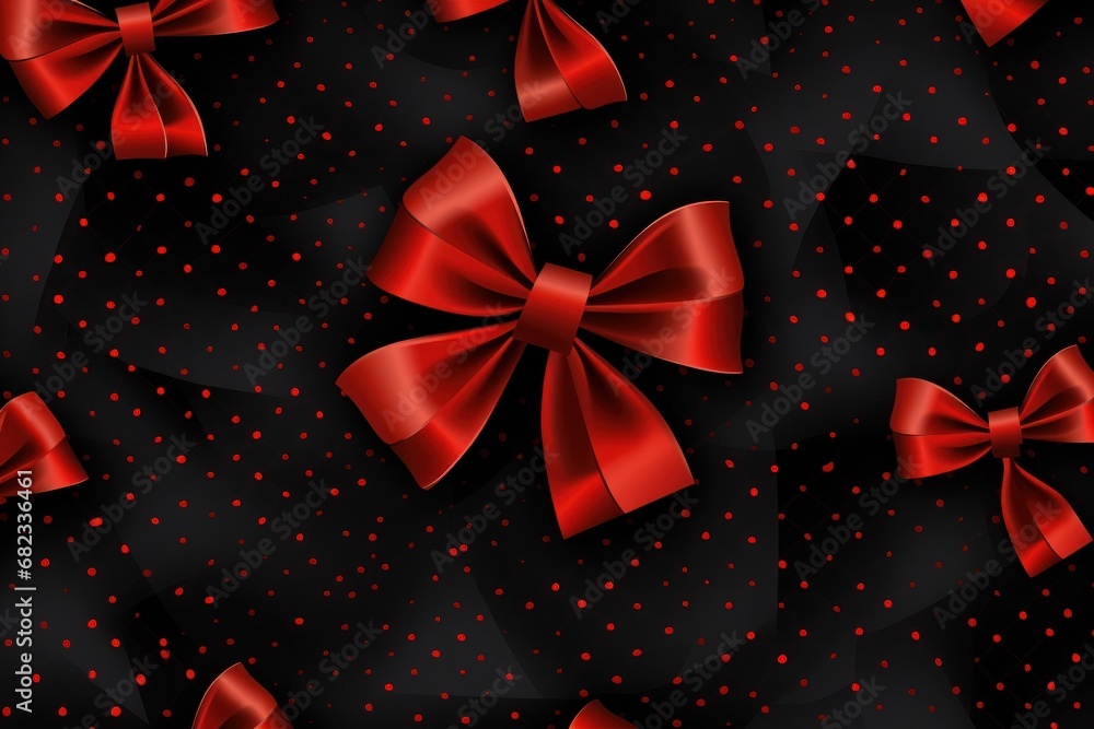 Poster a black background with red polka dots and a large red bow on the top of the bow, and a smaller red 