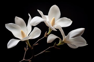  a couple of white flowers sitting on top of a tree branch in front of a black background with a light coming through the center of the flower and the petals.