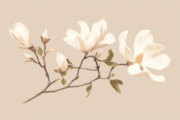  a branch with white flowers and green leaves on a light brown background with a light pink back ground and a light pink back ground with a light pink back ground.