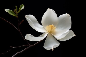  a close up of a white flower on a twig with a black background and a single green leaf on a twig with a twig in the middle of the twig.