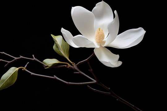  a close up of a white flower on a twig with leaves on a twig with a black background with a white flower on a twig with green leaves and a twig with a black background.