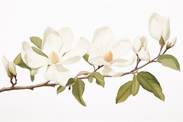  a branch of a tree with white flowers and green leaves, on a white background, with a white sky in the background, and a few green leaves in the foreground.