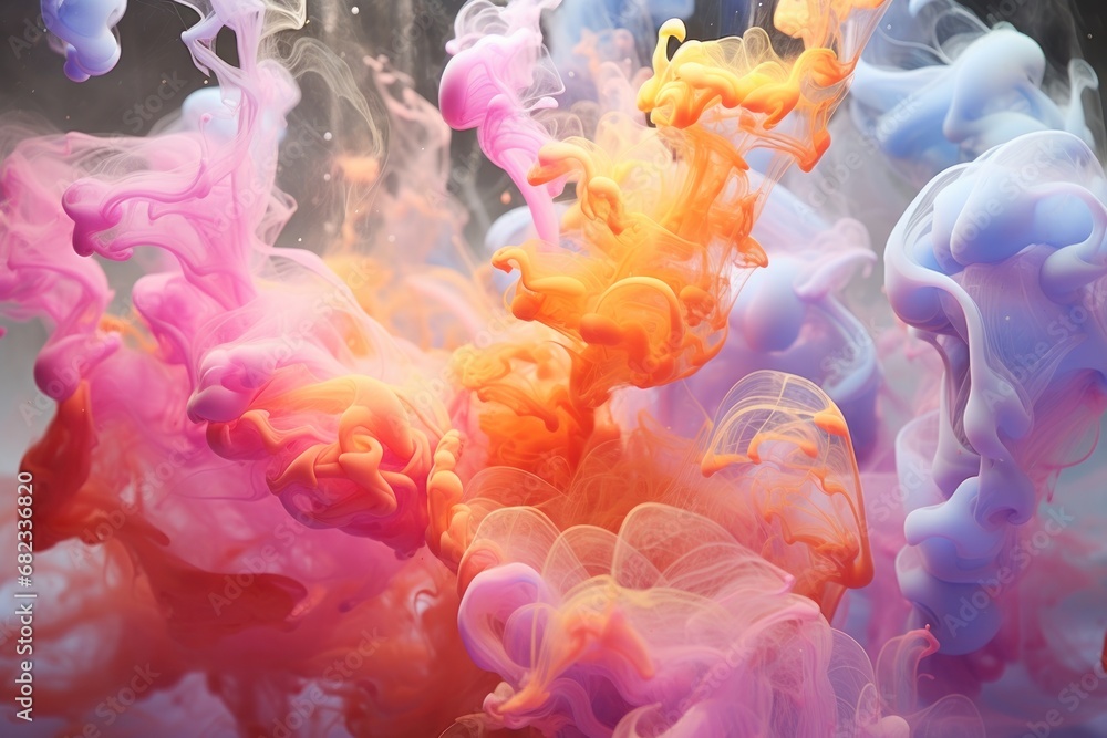 Poster a group of multicolored clouds of liquid floating in the air with water droplets on the bottom and b