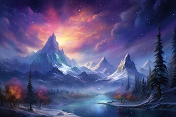  a painting of a mountain landscape with a lake in the foreground and trees in the foreground, and a red and blue sky in the background with stars.