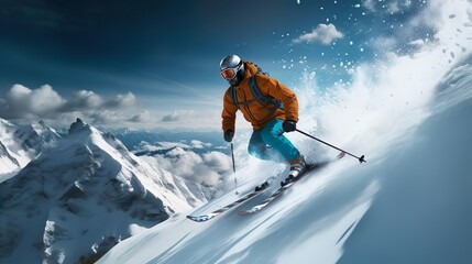 Naklejka na ściany i meble A skier jumps down a stee