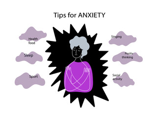 Tips for anxiety. Woman with anxiety disorder. Mental health concept. Vector doodle line illustration.