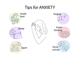Tips for anxiety. Woman with anxiety disorder. Mental health concept. Vector doodle line illustration.