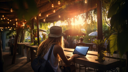 Young freelancer woman using laptop computer sitting at cafe table. Happy Smiling Girl Working Online Or Studying And Learning While Using Notebook.