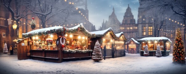 Christmas outdoor markets in streets of night city covered with snow, panorama. Generative Ai.