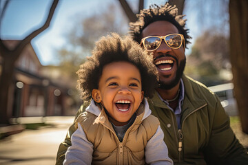 Joyful African American father and smiling toddler son bonding in sunny urban park depicting family fun and happiness